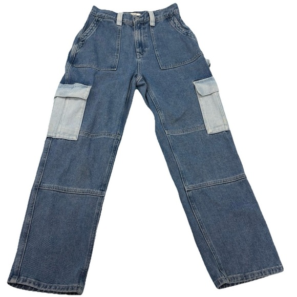 PacSun Light Blue Color Block Two Tone High Waist Denim Cargo Pants Size 28x28” - Picture 1 of 10